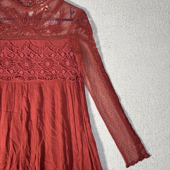 Sundance Mini Dress Womens Size 2 Rust Red Long Sleeve Lace Paneled Crochet Boho - Picture 4 of 14